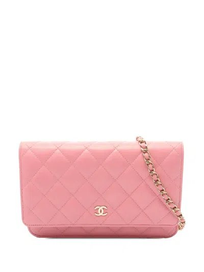 Pre-owned Chanel 2021-2026 Classic Lambskin Wallet On Chain Crossbody Bag In Pink