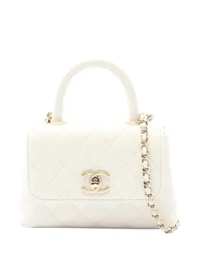 Pre-owned Chanel 2021-2026 Extra Mini Quilted Caviar Coco Top Handle Bag Satchel In White