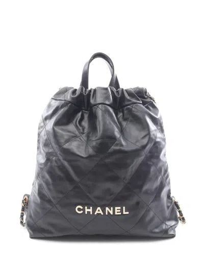 Pre-owned Chanel 2021-2026 Large Quilted Calfskin 22 Backpack In Black