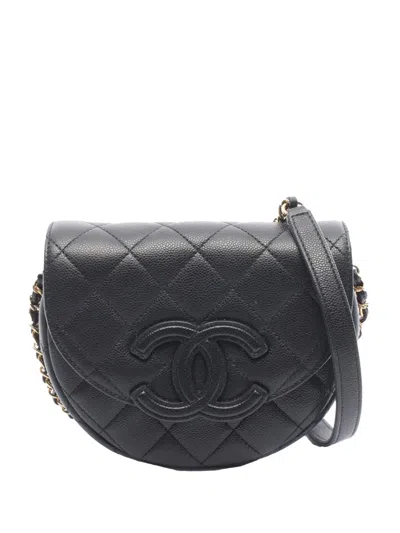 Pre-owned Chanel 2021-2026 Mini Cc Quilted Caviar Messenger Chain Flap Crossbody Bag In Black