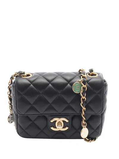 Pre-owned Chanel 2021-2026 Mini Quilted Lambskin Charms Square Flap Crossbody Bag In Black