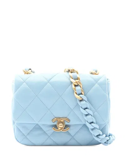 Pre-owned Chanel 2021-2026 Mini Quilted Lambskin Lacquered Chain Single Flap Crossbody Bag In Blue