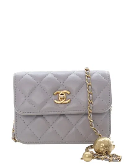 Pre-owned Chanel 2021-2026 Mini Quilted Lambskin Pearl Crush Clutch With Chain Crossbody Bag In Gray