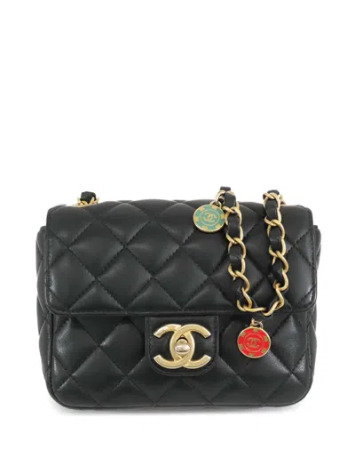 Pre-owned Chanel 2021-2026 Mini Square Classic Lambskin Casino Royale Charms Single Flap Crossbody Bag In Black