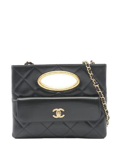 Pre-owned Chanel 2021-2026 Quilted Lambskin Cut-out Clutch With Chain Satchel In Black