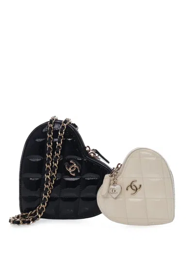 Pre-owned Chanel 2021-2026 Quilted Patent Duo Heart Clutch With Chain Crossbody Bag In Black