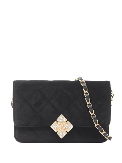 Pre-owned Chanel 2021-2026 Quilted Velvet Strass Diamond Lock Wallet On Chain Crossbody Bag In Black