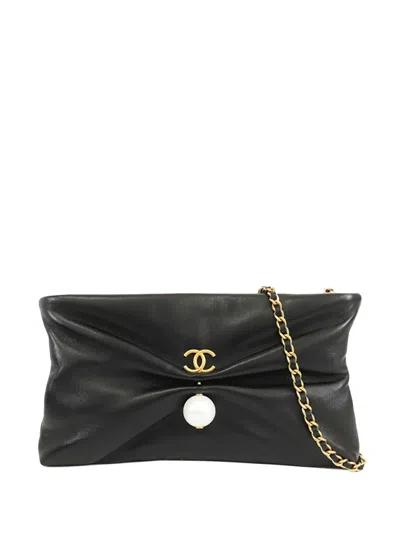 Pre-owned Chanel 2021-2026 Shiny Lambskin Pearl Clutch With Chain Crossbody Bag In Black