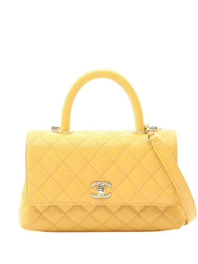 Pre-owned Chanel 2021-2026 Small Quilted Caviar Coco Handle Flap Satchel In Yellow