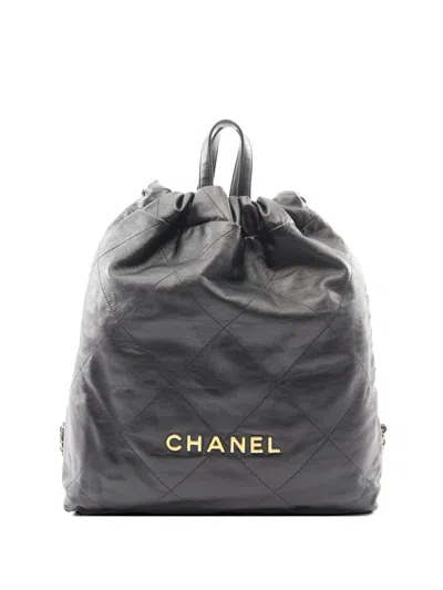 Pre-owned Chanel 2021 22 Quilted Leather Backpack In Black