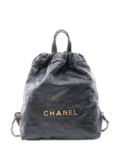 Pre-owned Chanel 2021 22 Quilted Leather Backpack In Black