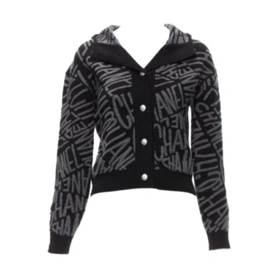 Pre-owned Chanel 2021 98% Cashmere Black Grey All Over Logo Intarsia Cc Cardigan Fr36 S In Gray