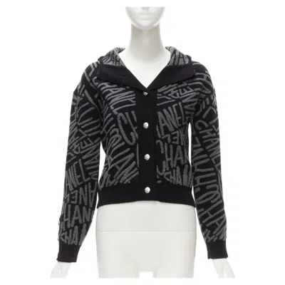 Pre-owned Chanel 2021 98% Cashmere Black Grey All Over Logo Intarsia Cc Cardigan Fr36 S In Gray