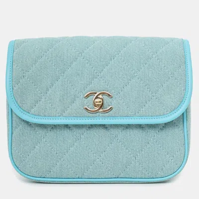 Pre-owned Chanel 2021 Blue Denim Quilted Cc Small Messenger Flap Bag