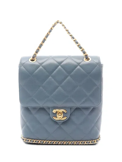 Pre-owned Chanel 2021 Camellia Diamond-quilting Chain-strap Backpack In Blue