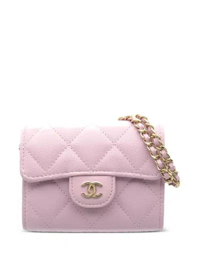 Pre-owned Chanel 2021 Caviar-leather Diamond-quilted Card Holder In Purple