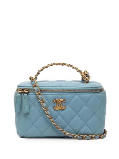 Pre-owned Chanel 2021 Caviar Pick Me Up Vanity Case Satchel In Blue