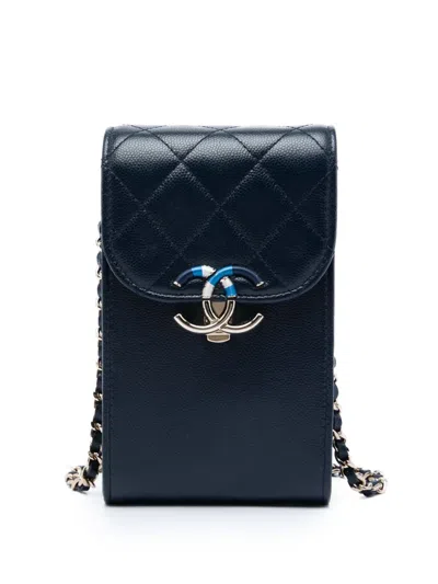 Pre-owned Chanel 2021 Caviar Thread Around Phone Holder With Chain Crossbody Bag In Blue