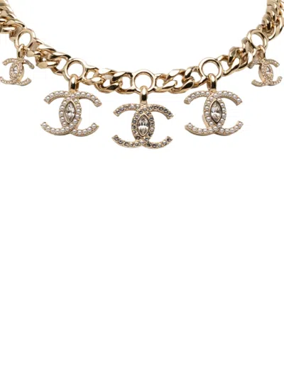 Pre-owned Chanel 2021 Cc Gold Plated Faux Pearl Crystal Choker Necklace Costume Necklace