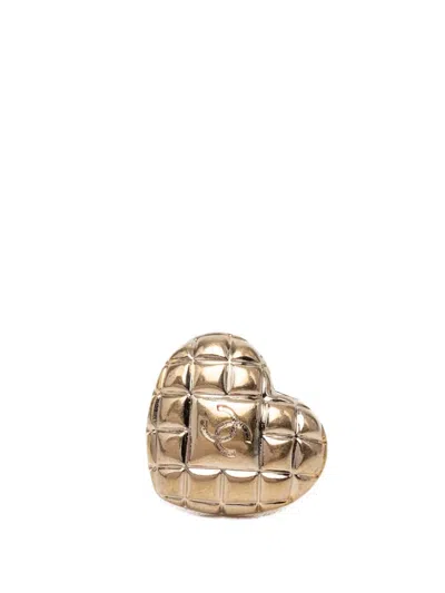 Pre-owned Chanel 2021 Cc Gold Plated Quilted Heart Brooch Costume Brooch