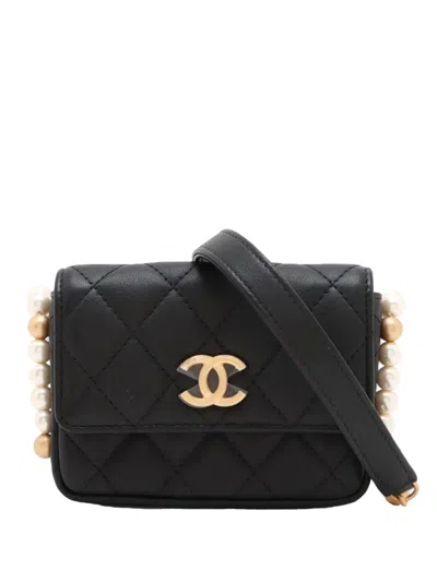 Pre-owned Chanel 2021 Cc Lambskin About Pearls Card Holder On Chain Crossbody Bag In Black