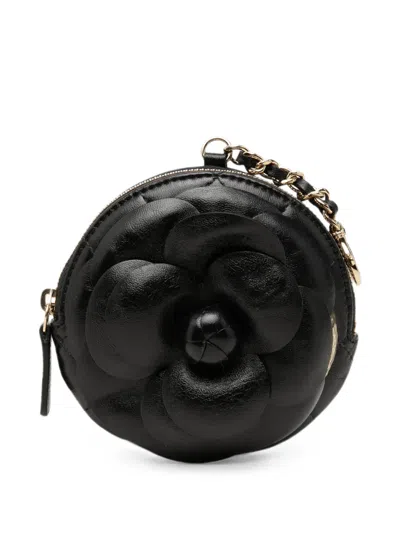 Pre-owned Chanel 2021 Cc Lambskin Camellia Bouquet Round Coin Pouch In Black