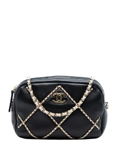 Pre-owned Chanel 2021 Cc Lambskin Chain Embellished Camera Bag Crossbody Bag In Black