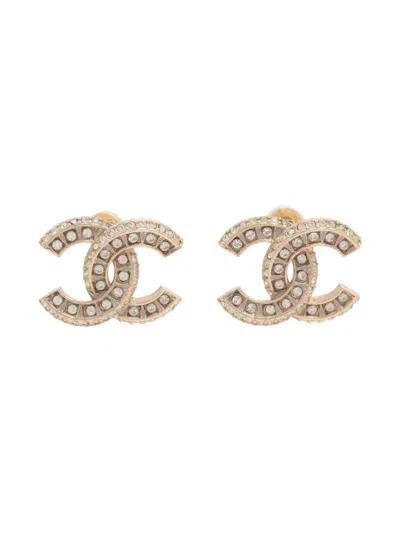 Pre-owned Chanel 2021 Cc Mark Rhinestones Earrings In Gold
