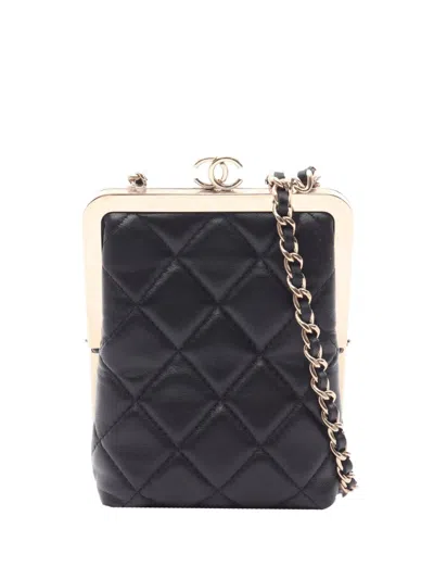 Pre-owned Chanel 2021 Cc Quilted Acrylic And Lambskin Evening Clutch With Chain Crossbody Bag In Black