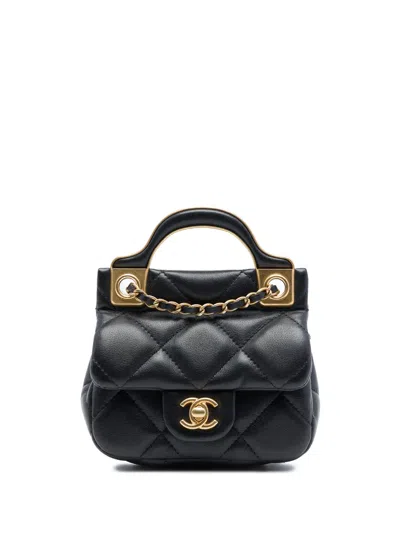 Pre-owned Chanel 2021 Cc Quilted Calfskin Lady Card Holder With Chain Top Handle Bag Satchel In Black