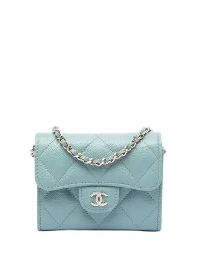 Pre-owned Chanel 2021 Cc Quilted Caviar Flap Card Holder On Chain Crossbody Bag In Blue