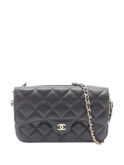 Pre-owned Chanel 2021 Cc Quilted Caviar Flap Phone Holder Wallet On Chain Crossbody Bag In Black