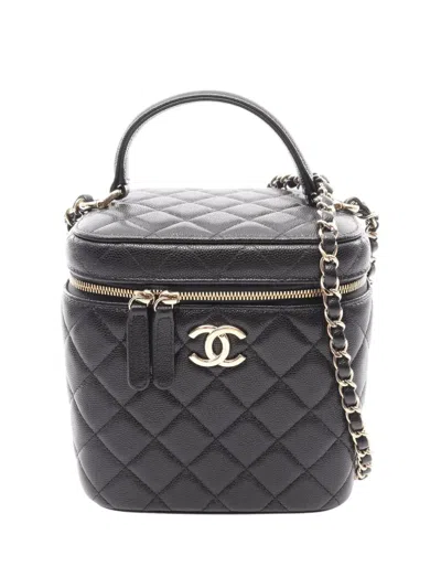 Pre-owned Chanel 2021 Cc Quilted Caviar Top Handle Vanity Case With Chain Satchel In Black