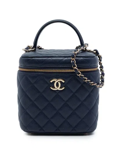 Pre-owned Chanel 2021 Cc Quilted Caviar Top Handle Vanity Case With Chain Satchel In Blue