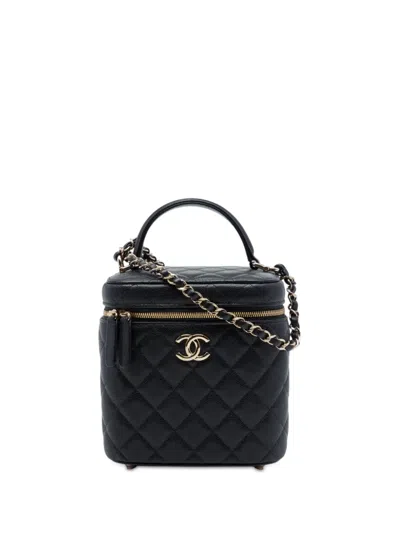 Pre-owned Chanel 2021 Cc Quilted Caviar Top Handle Vanity With Chain Satchel In Black