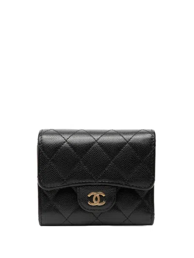 Pre-owned Chanel 2021 Cc Quilted Caviar Trifold Wallet Small Wallets In Black