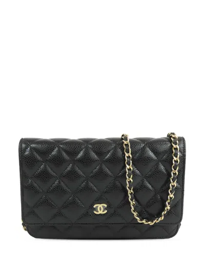 Pre-owned Chanel 2021 Cc Quilted Caviar Wallet On Chain Crossbody Bag In Black
