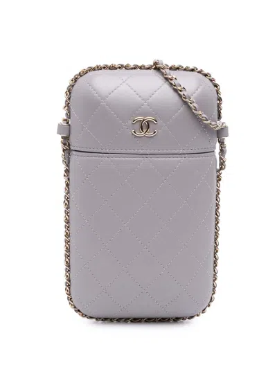 Pre-owned Chanel 2021 Cc Quilted Lambskin Chain Around Phone Holder Crossbody Bag In Gray