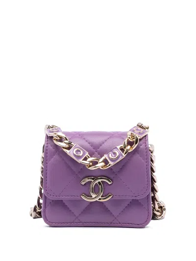 Pre-owned Chanel 2021 Cc Quilted Lambskin Coco Card Holder On Chain Crossbody Bag In Purple