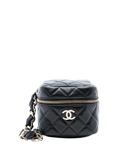 Pre-owned Chanel 2021 Cc Quilted Lambskin Cube Wristlet Case Vanity Bag In Black
