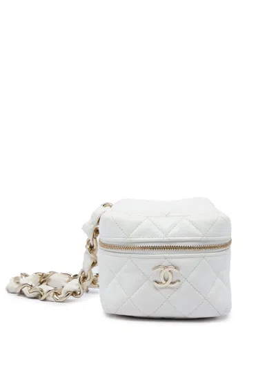 Pre-owned Chanel 2021 Cc Quilted Lambskin Cube Zip Clutch With Chain Vanity Bag In White