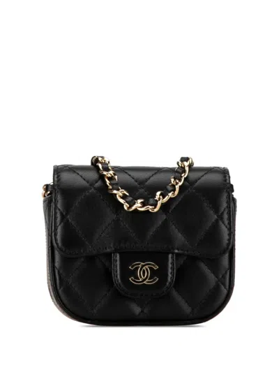 Pre-owned Chanel 2021 Cc Quilted Lambskin Flap Card Holder On Chain Crossbody Bag In Black