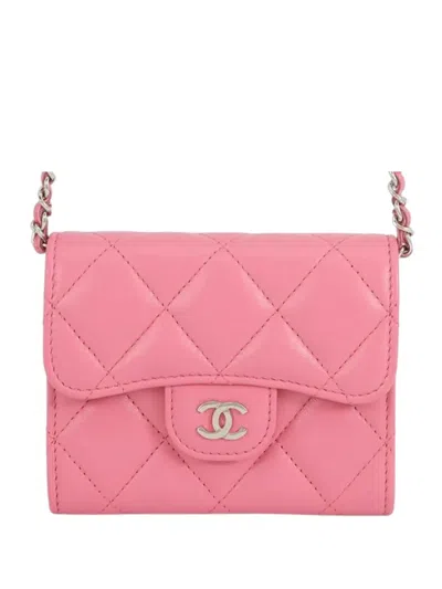 Pre-owned Chanel 2021 Cc Quilted Lambskin Flap Card Holder On Chain Crossbody Bag In Pink