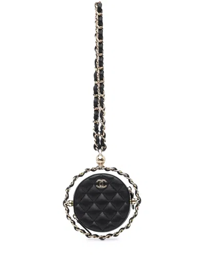 Pre-owned Chanel 2021 Cc Quilted Lambskin Round Chain Around Clutch With Chain Crossbody Bag In Black