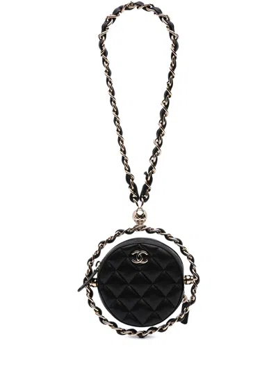 Pre-owned Chanel 2021 Cc Quilted Lambskin Round Chain Around Clutch With Chain Shoulder Bag In Black