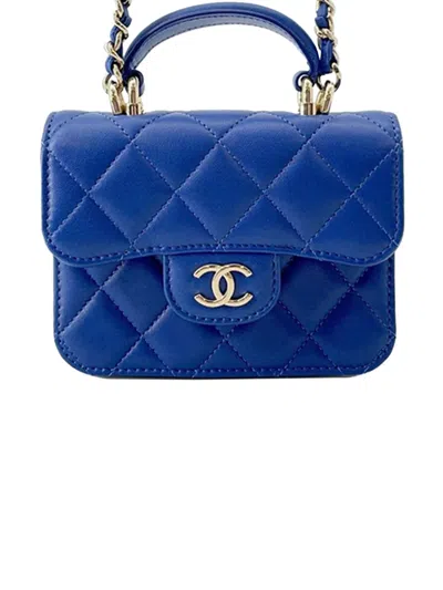 Pre-owned Chanel 2021 Cc Quilted Lambskin Top Handle Flap Coin Purse With Chain Satchel In Blue