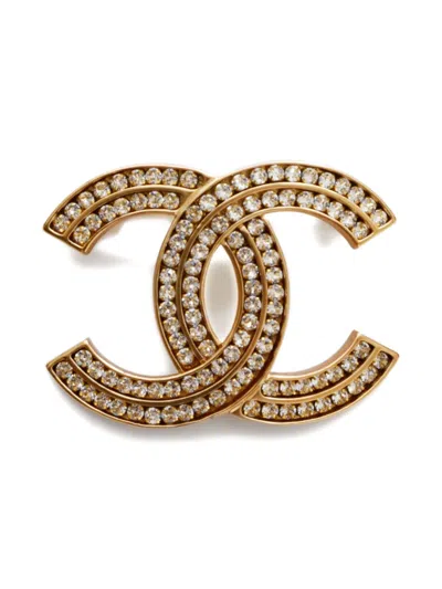 Pre-owned Chanel 2021 Cc Rhinestone Brooch In Gold