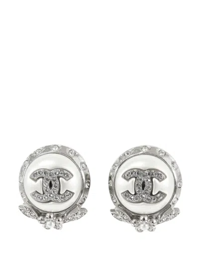 Pre-owned Chanel 2021 Cc Silver Plated Crystal And Faux Pearl Push Back Earrings Costume Earrings In White