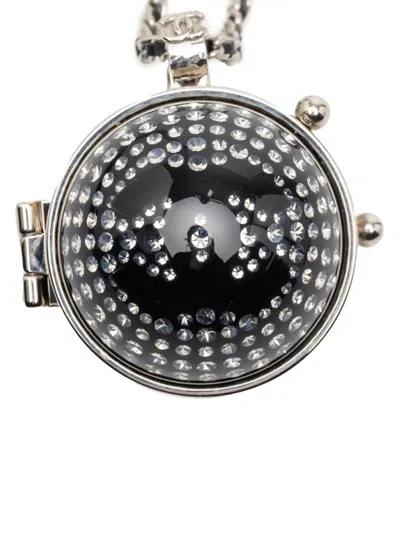 Pre-owned Chanel 2021 Cc Silver Plated Lambskin Woven Resin Crystal Mirror Ball Pendant Necklace Costume Necklace In Black
