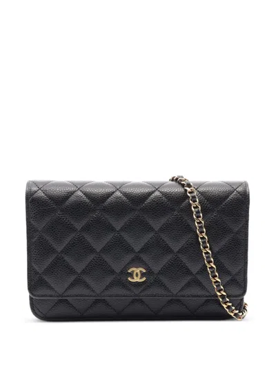 Pre-owned Chanel 2021 Cc-logo Matelassé Chain Wallet In Black